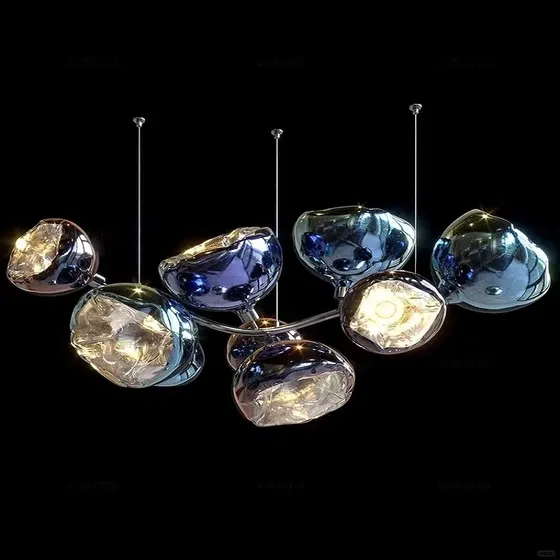 Blue Gold Long Custom Glass Chandelier in Stainless Steel and Glass, scale view