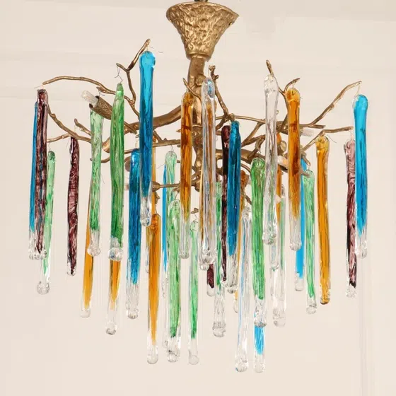 Branch Copper Glass Colorful Chandelier in Copper and Glass, product photograph