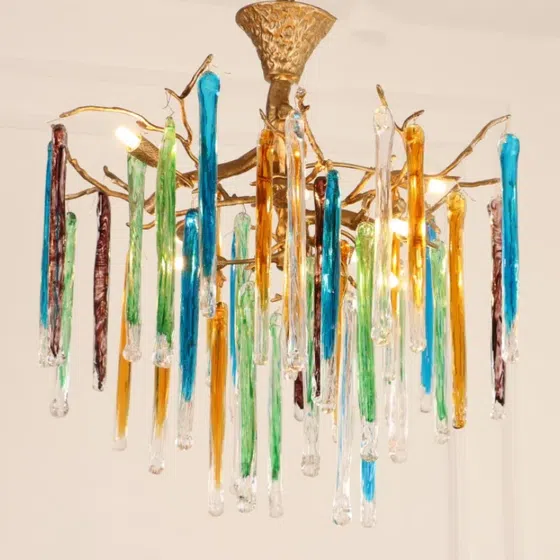 Branch Copper Glass Colorful Chandelier in Copper and Glass, installed view