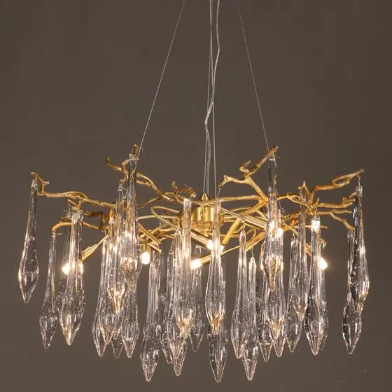 Brass Branch Glass Raindrop Chandelier in Copper and Glass, product photograph