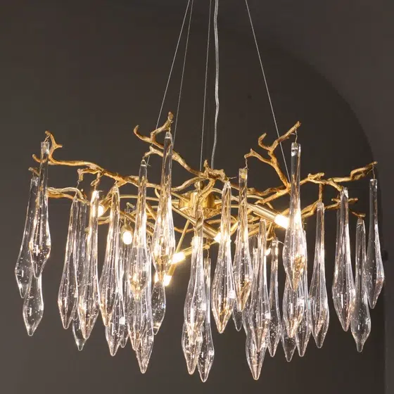 Brass Branch Glass Raindrop Chandelier in Copper and Glass, detail view