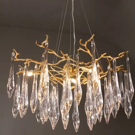 Brass Branch Glass Raindrop Chandelier in Copper and Glass, installed view