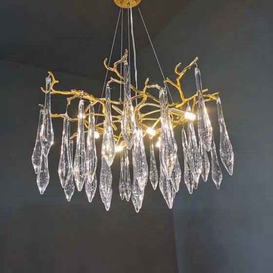 Brass Branch Glass Raindrop Chandelier in Copper and Glass, scale view