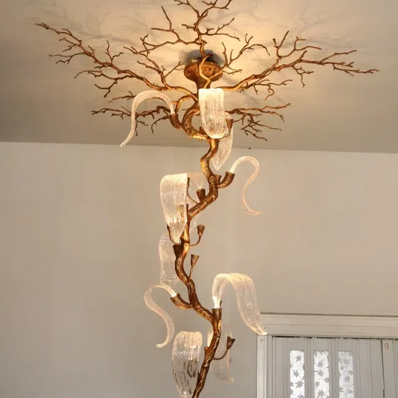 Metal Solid Chandelier Brass Copper Bronze Light Ceiling Decor Tree Branch in Copper and Glass, detail view