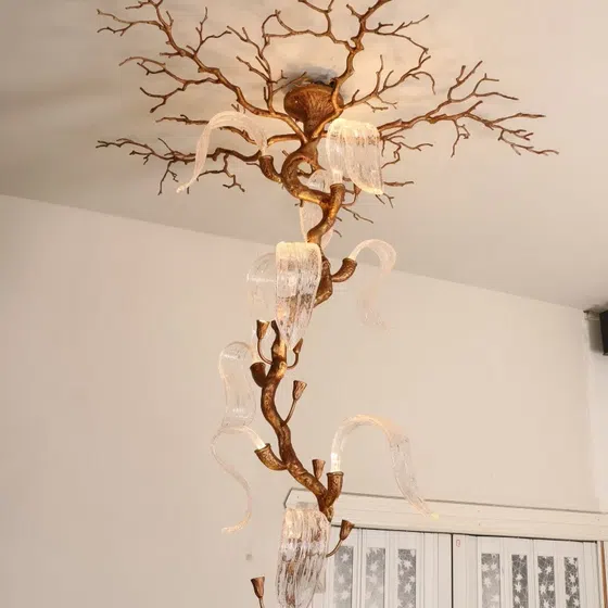 Metal Solid Chandelier Brass Copper Bronze Light Ceiling Decor Tree Branch in Copper and Glass, installed view