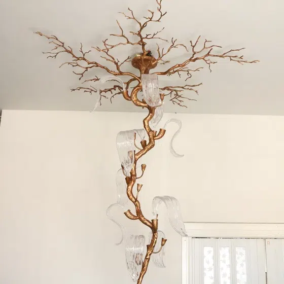 Metal Solid Chandelier Brass Copper Bronze Light Ceiling Decor Tree Branch in Copper and Glass, scale view