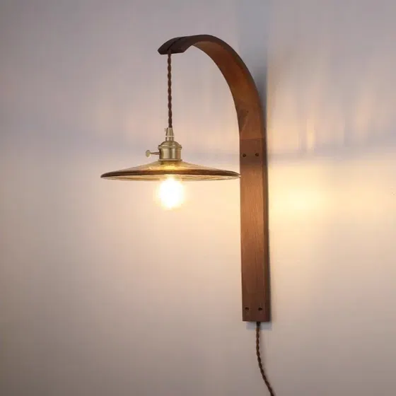 Retro Style Brass LED Walnut Wood Glass Wall Lamp in Brass and Wood and Glass, product photograph