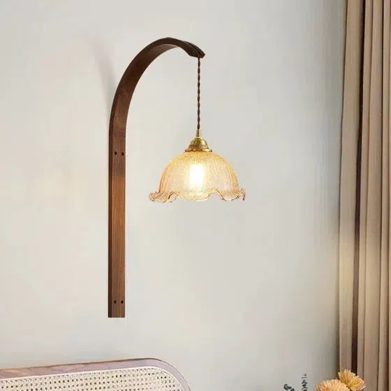 Retro Style Brass LED Walnut Wood Glass Wall Lamp in Brass and Wood and Glass, detail view