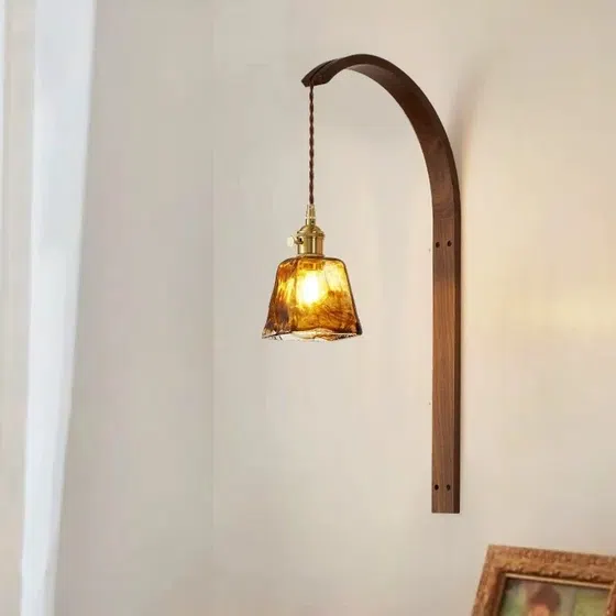 Retro Style Brass LED Walnut Wood Glass Wall Lamp in Brass and Wood and Glass, installed view