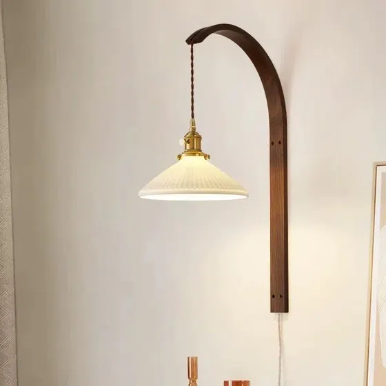 Retro Style Brass LED Walnut Wood Glass Wall Lamp in Brass and Wood and Glass, scale view