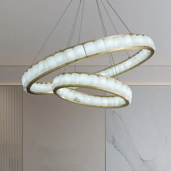 27-75 Heads Bronze White Marble Ring Pendant Lamp in Copper and Alabaster, product photograph
