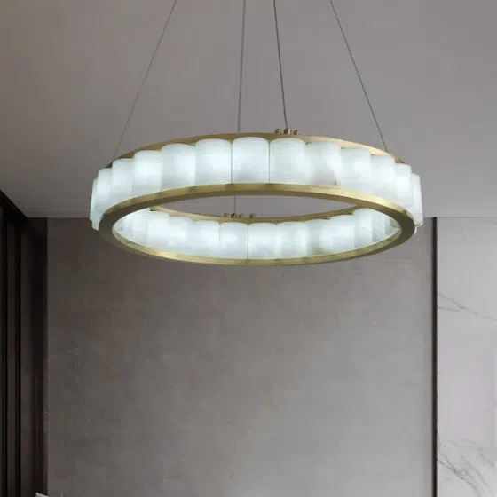 27-75 Heads Bronze White Marble Ring Pendant Lamp in Copper and Alabaster, detail view
