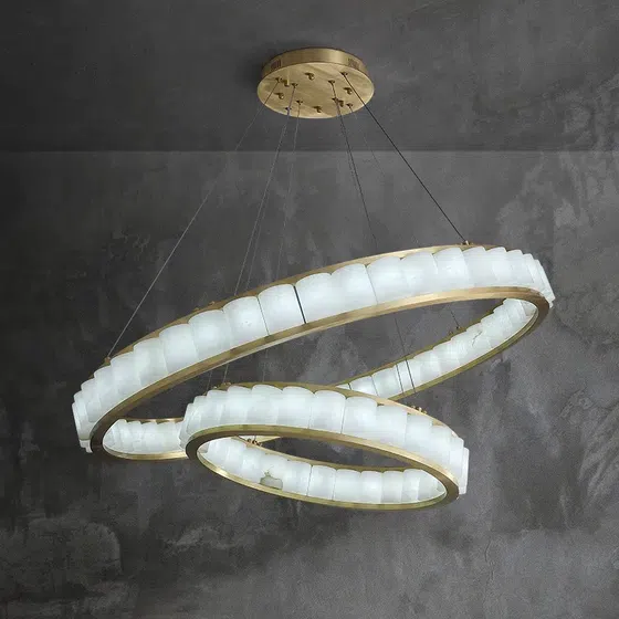 27-75 Heads Bronze White Marble Ring Pendant Lamp in Copper and Alabaster, installed view