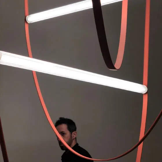 Brown Leather Belt Iron Pendant Light in Leather and Acrylic and Iron, scale view