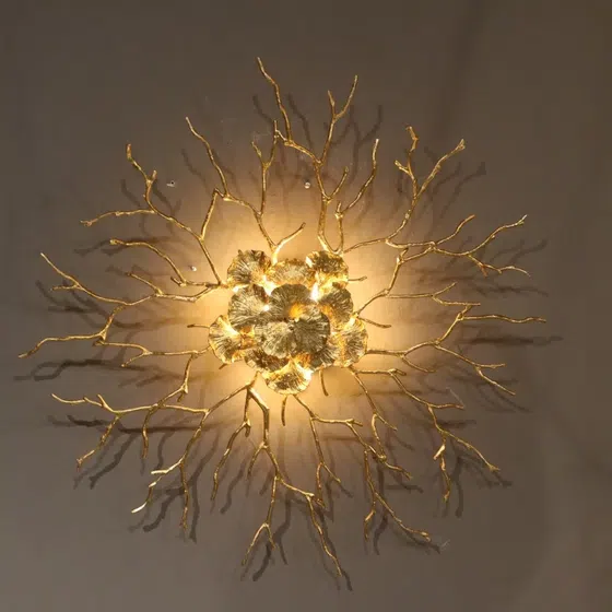 Gold Leaf Flower Branch LED Chandelier in Copper, detail view