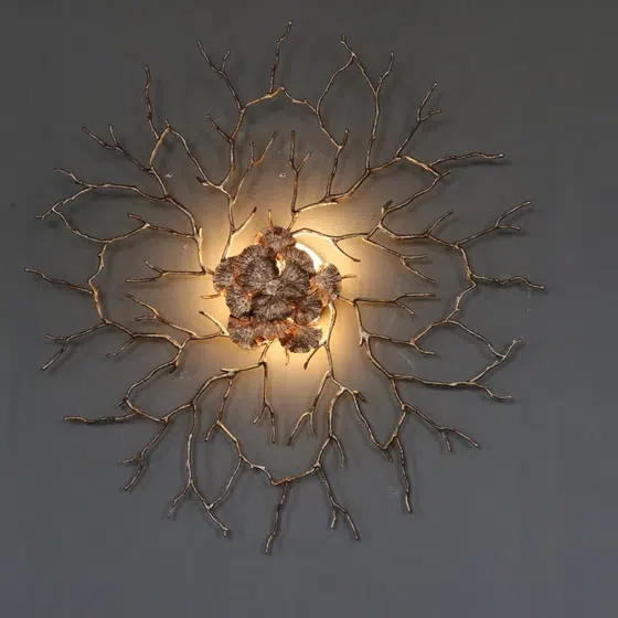 Gold Leaf Flower Branch LED Chandelier in Copper, installed view