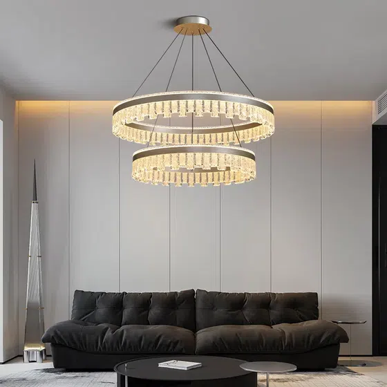 Circle Shape Acrylic Pendant Light in Aluminum and Acrylic, installed view
