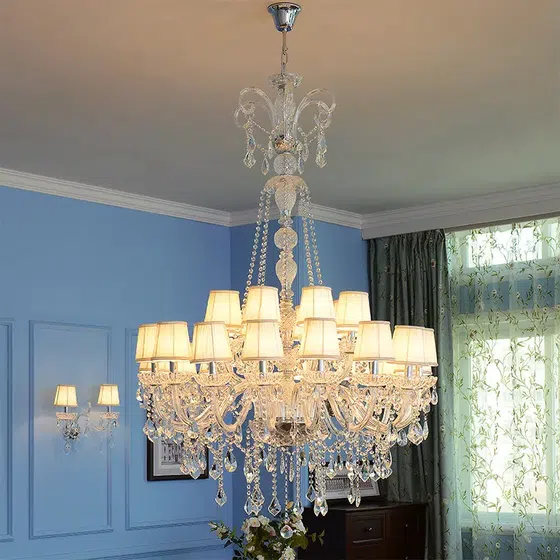 Clear Glass Candle Chandelier in Iron and Crystal and Glass and Fabric, installed view