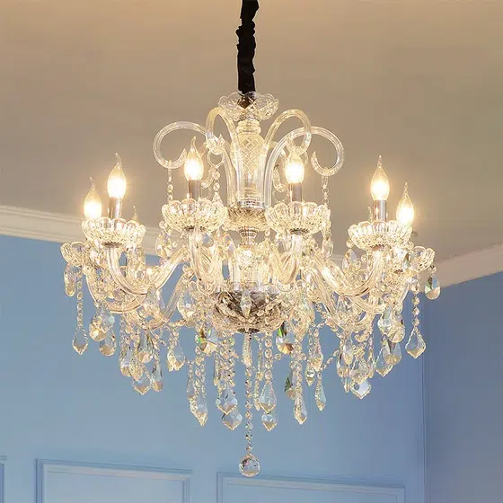 Clear Glass Candle Chandelier in Iron and Crystal and Glass and Fabric, scale view