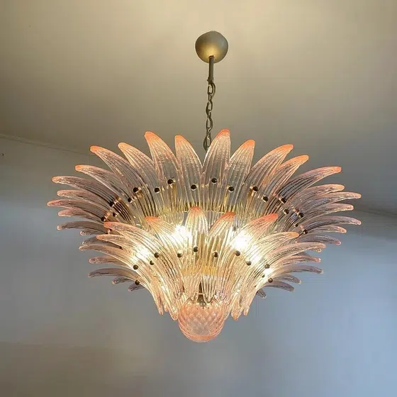 Amber Clear Pink White Glass Pendant Lamp in Iron Plating and Glass, installed view