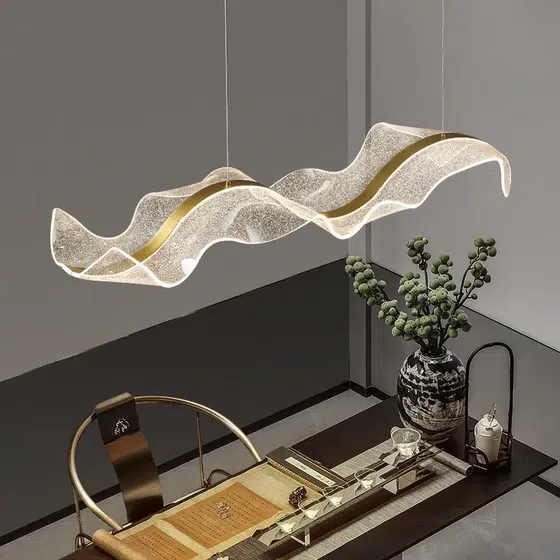 Clear Gold Wave Acrylic Pendant Lamp in Aluminum and Acrylic, installed view
