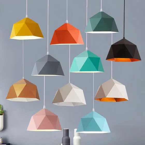 Colorful Polygon Shade Pendant Lamp in Metal, product photograph