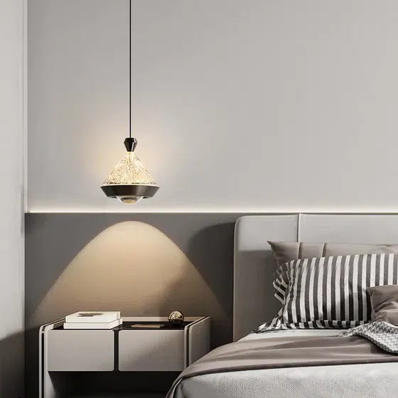 D12cm Conical Golden Black Pendant Lamp in Aluminum and Acrylic, detail view