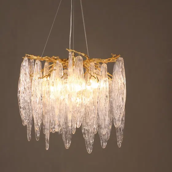 All Copper Branches Glass Leaf Chandelier in Copper and Glass, detail view