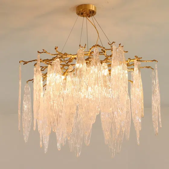 All Copper Branches Glass Leaf Chandelier in Copper and Glass, installed view