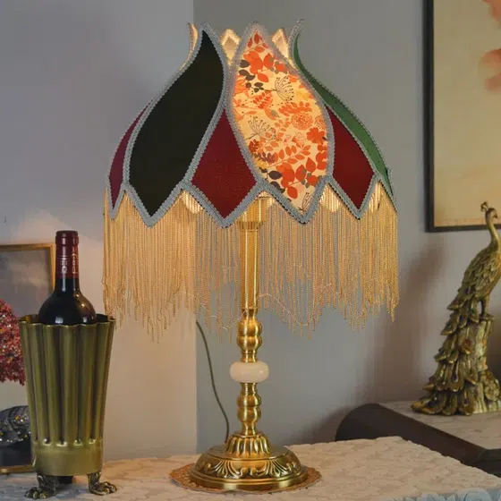 Victorian Copper Fabric Tassel LED Table Lamp in Copper and Marble and Fabric, installed view