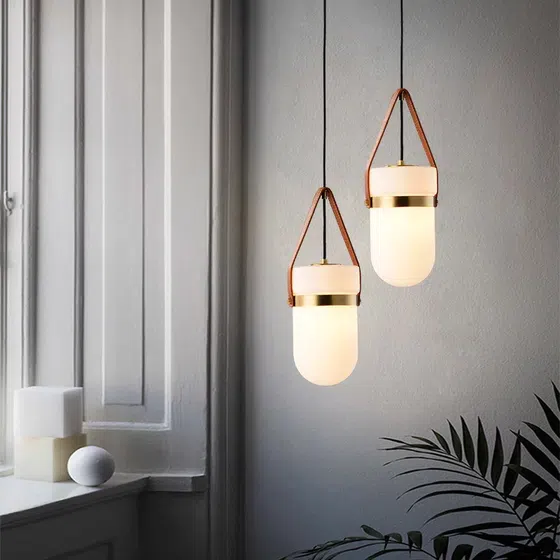 H35.5CM Copper Glass Leather Pendant Light in Copper and Glass and Leather, detail view