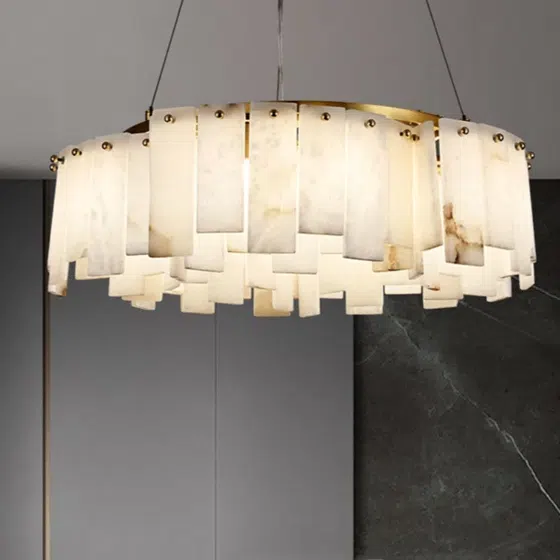 10-26 Heads Copper Marble Round Pendant Light in Copper and Marble, installed view