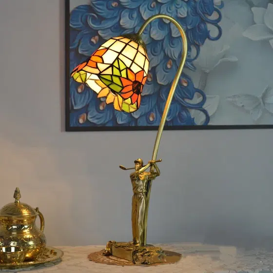 Beige Baroque Copper Stained Glass Table Lamp in Copper and Marble and Shell and Glass, product photograph