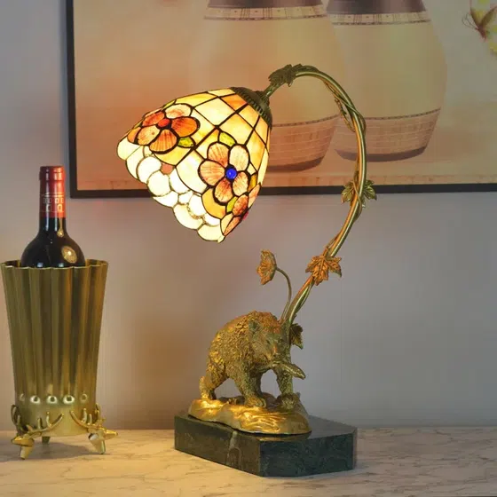 Beige Baroque Copper Stained Glass Table Lamp in Copper and Marble and Shell and Glass, installed view