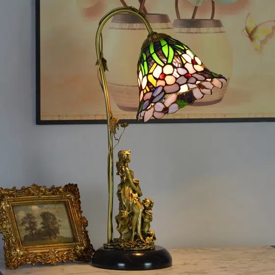 Beige Baroque Copper Stained Glass Table Lamp in Copper and Marble and Shell and Glass, scale view