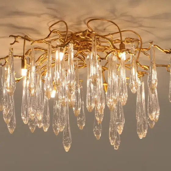 Crystal Brass Frame Chandelier Lamp in Copper and Crystal, detail view