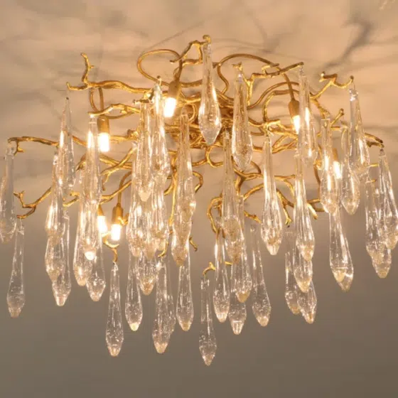 Crystal Brass Frame Chandelier Lamp in Copper and Crystal, installed view