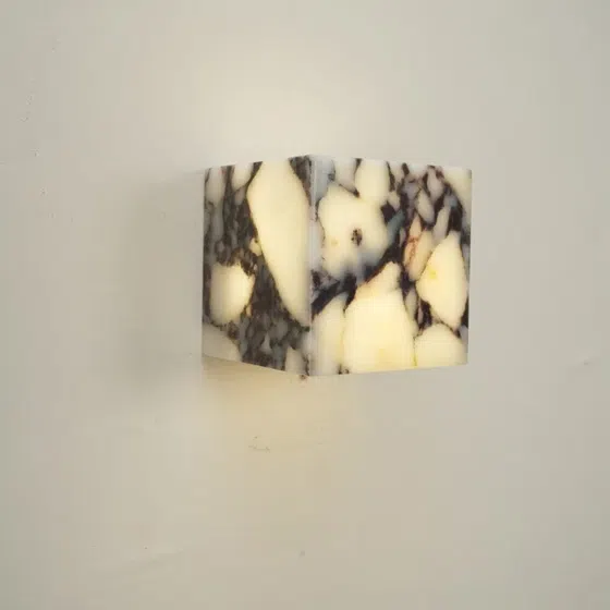 Cube Edge 12cm Natural Marble Wall Light in Hardware and Bulgari Stone, installed view