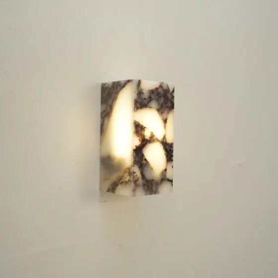 H16cm Cuboid Natural Marble LED Wall Lamp in Hardware and Bulgari Stone, product photograph