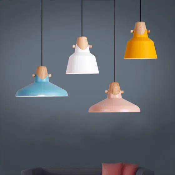 Customizable Colors Wood Pendant Light in Aluminum Cover and Wood, detail view