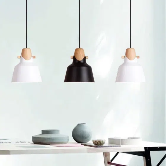 Customizable Colors Wood Pendant Light in Aluminum Cover and Wood, installed view