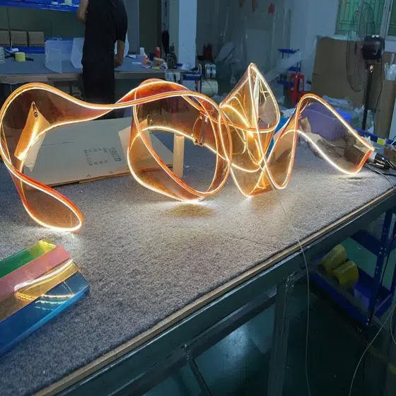 Cyan Brown Colorful Wave Acrylic Pendant Lamp in Hardware and Acrylic, scale view