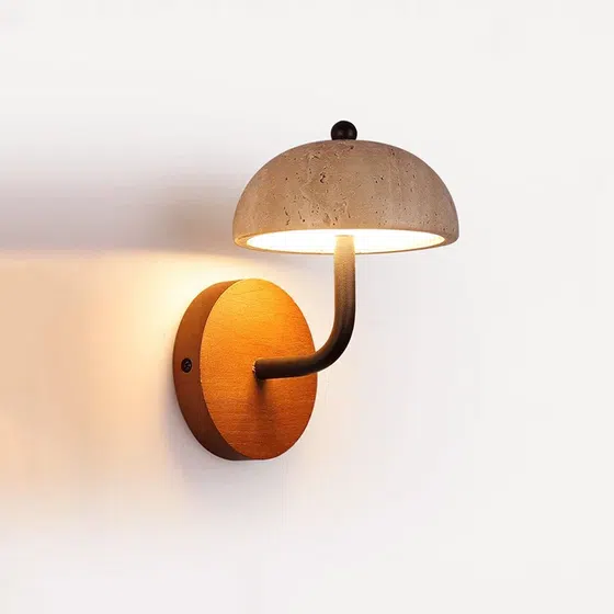 D12cm Umbrella Stone LED Wall Lamp in Wood and Yellow Travertine, product photograph