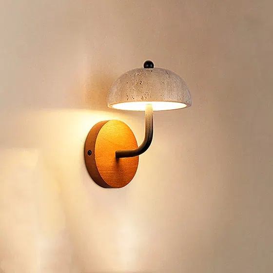 D12cm Umbrella Stone LED Wall Lamp in Wood and Yellow Travertine, detail view