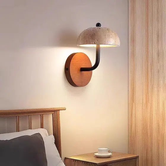 D12cm Umbrella Stone LED Wall Lamp in Wood and Yellow Travertine, scale view