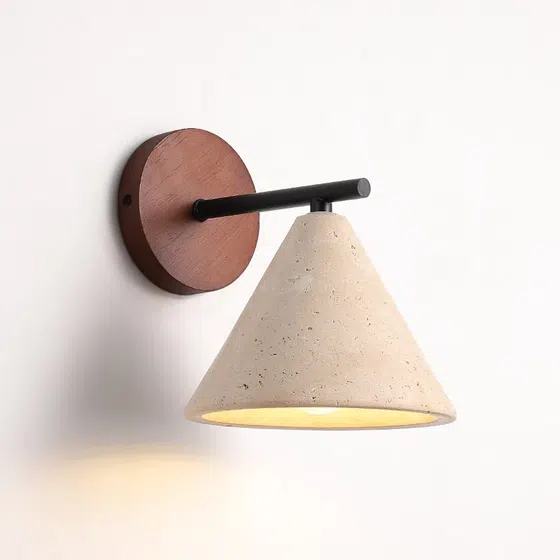 D13cm Cone Yellow Travertine LED Wall Light in Wood and Yellow Travertine, product photograph