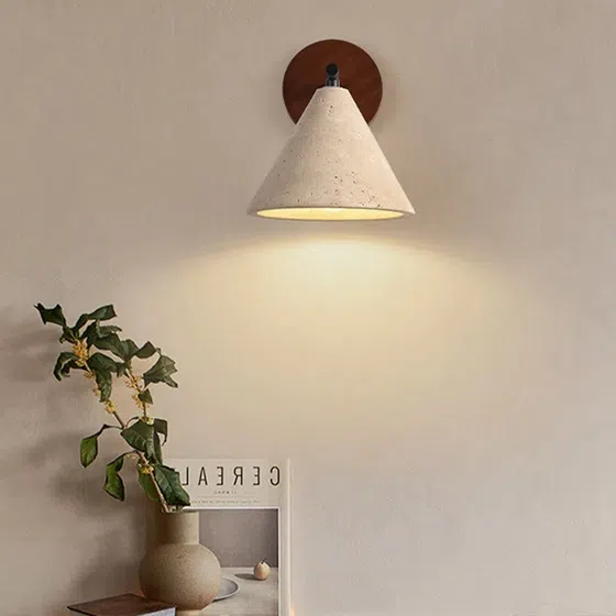 D13cm Cone Yellow Travertine LED Wall Light in Wood and Yellow Travertine, detail view