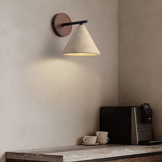 D13cm Cone Yellow Travertine LED Wall Light in Wood and Yellow Travertine, installed view