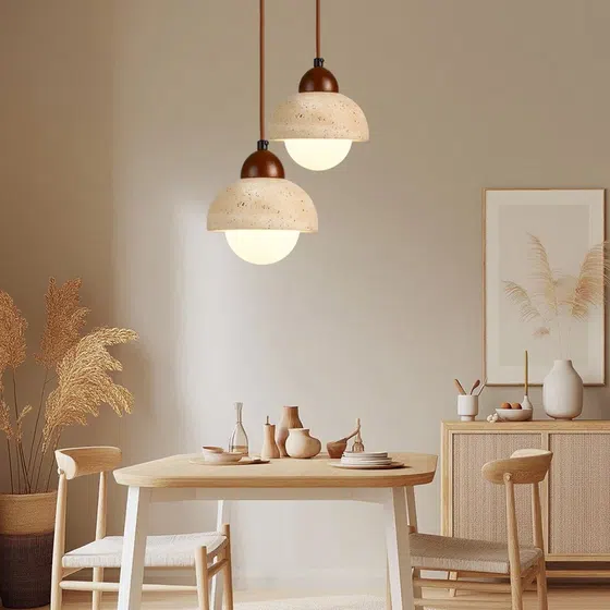 D15cm Ball Stone LED Pendant Light in Wood and Yellow Travertine, product photograph