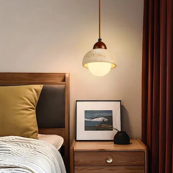D15cm Ball Stone LED Pendant Light in Wood and Yellow Travertine, detail view